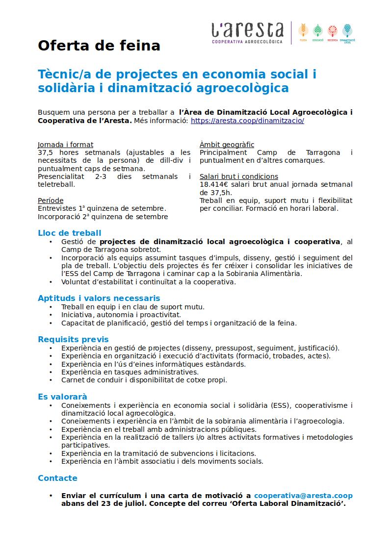 Oferta laboral l'Aresta